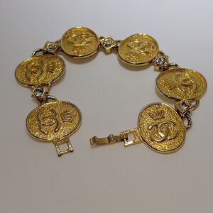 Chanel Vintage "CC" Coco Gold Plated Crown Medallion Coin Crystals Link Bracelet